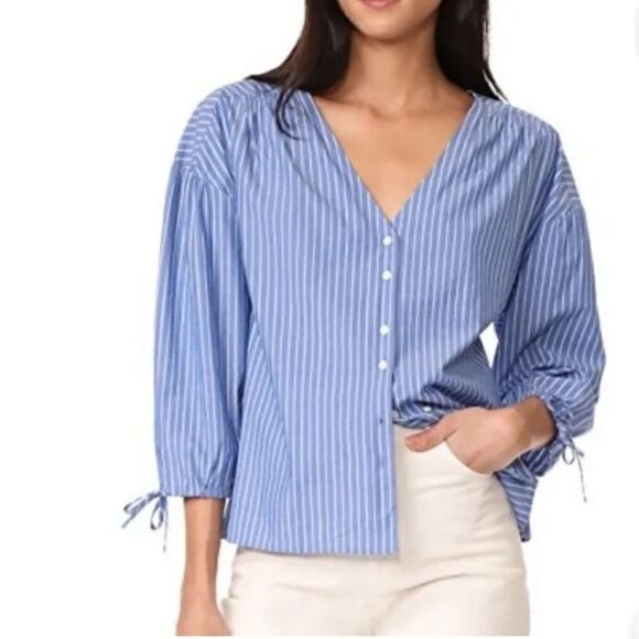 J.CREW Morningview Stripe Button Down Tie Sleeve Peasant Top Size Small - Picture 1 of 5